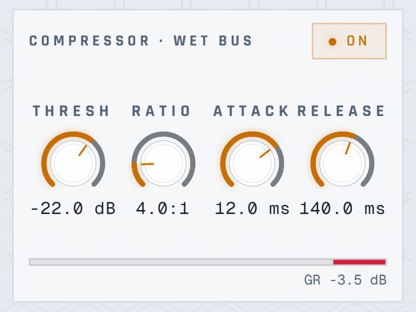 COMPRESSOR · Wet-bus glue with visible gain reduction