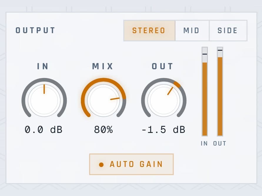 OUTPUT · Stereo, mid or side, with auto gain