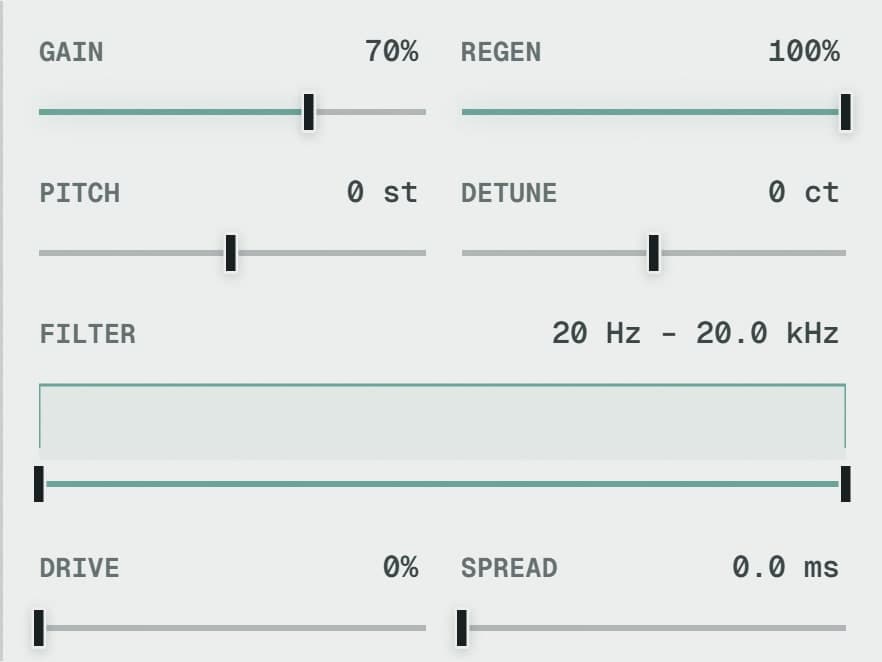 VOICE · Gain, regen, pitch, detune, filter, drive, spread